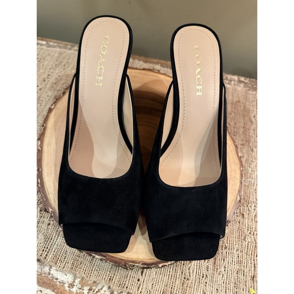 Coach Laurence Suede Sandal Black Block Heel Dressy Classic Elegant 9.5 Worn 1X - Picture 8 of 15
